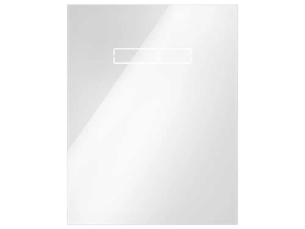 Weiße Glasplatte mit sen-Touch Elektronik von TECE, flache Bauform, einfache Bedienoberfläche für moderne Sanitäranlagen.